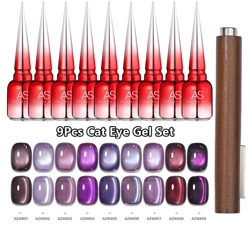 AS 9pcs Cat Eye Magnetic Moonlight Gel Nail Polish Set 15ml Sparkle White Silver Water Light Red UV Gel Nail Art Manicure Vernis