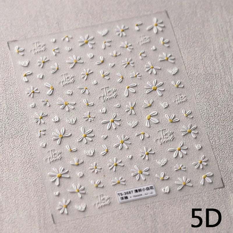 1 pc 5D sunflower nail stickers rose daisy cherry blossom self-adhesive nail art stickers oil painting style decorative sticker