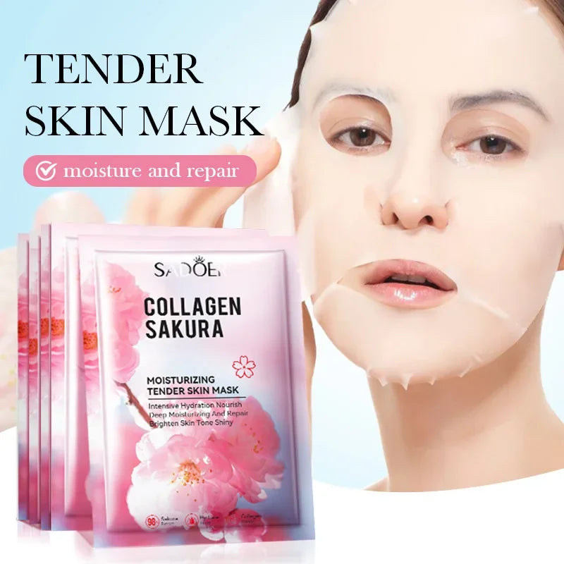 Sadoer Sakura Face Mask Facial Skincare Moisturizing Brightening Hydrating Firming Collagen Facial Masks Face Sheet Mask