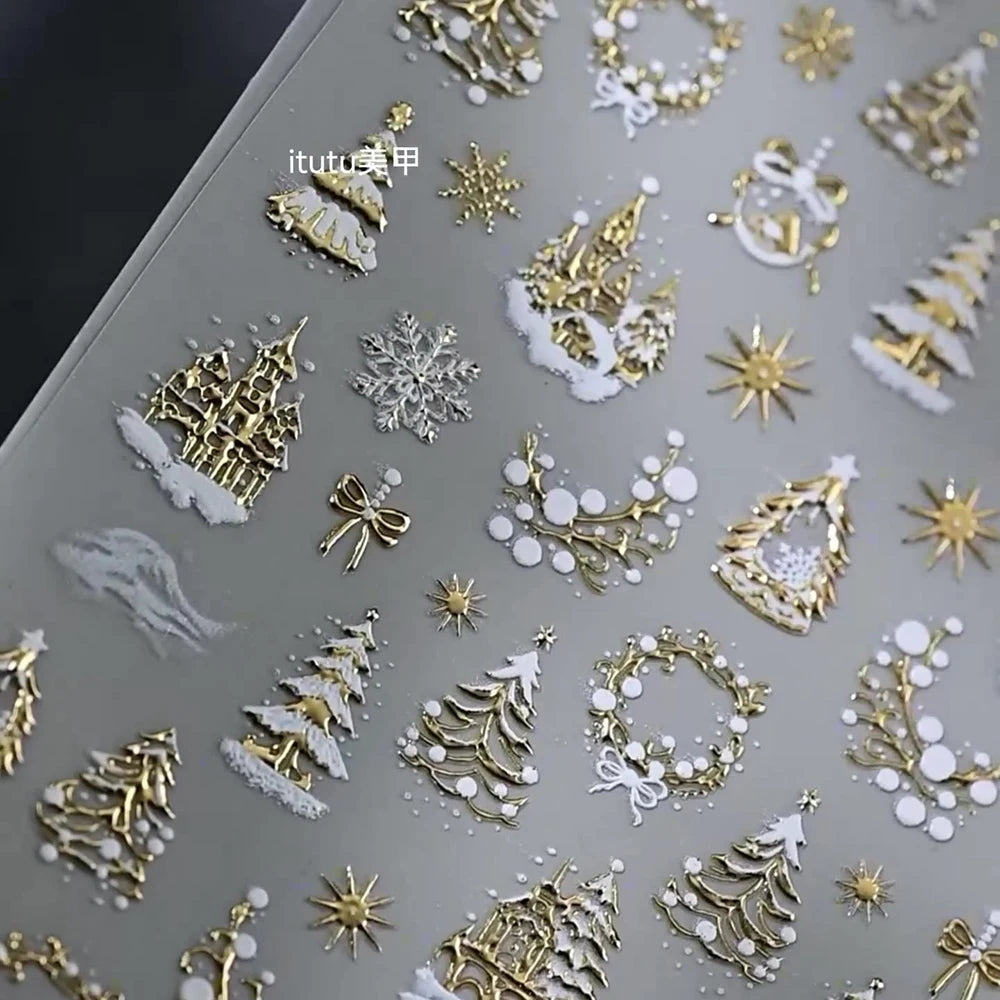 1pc 5D Gold Snow Christmas Tree Wreath Nail Art Stickers Bow Crystal Ball Pendant Winter Nail Decals New Year Xmas Nail Decorati