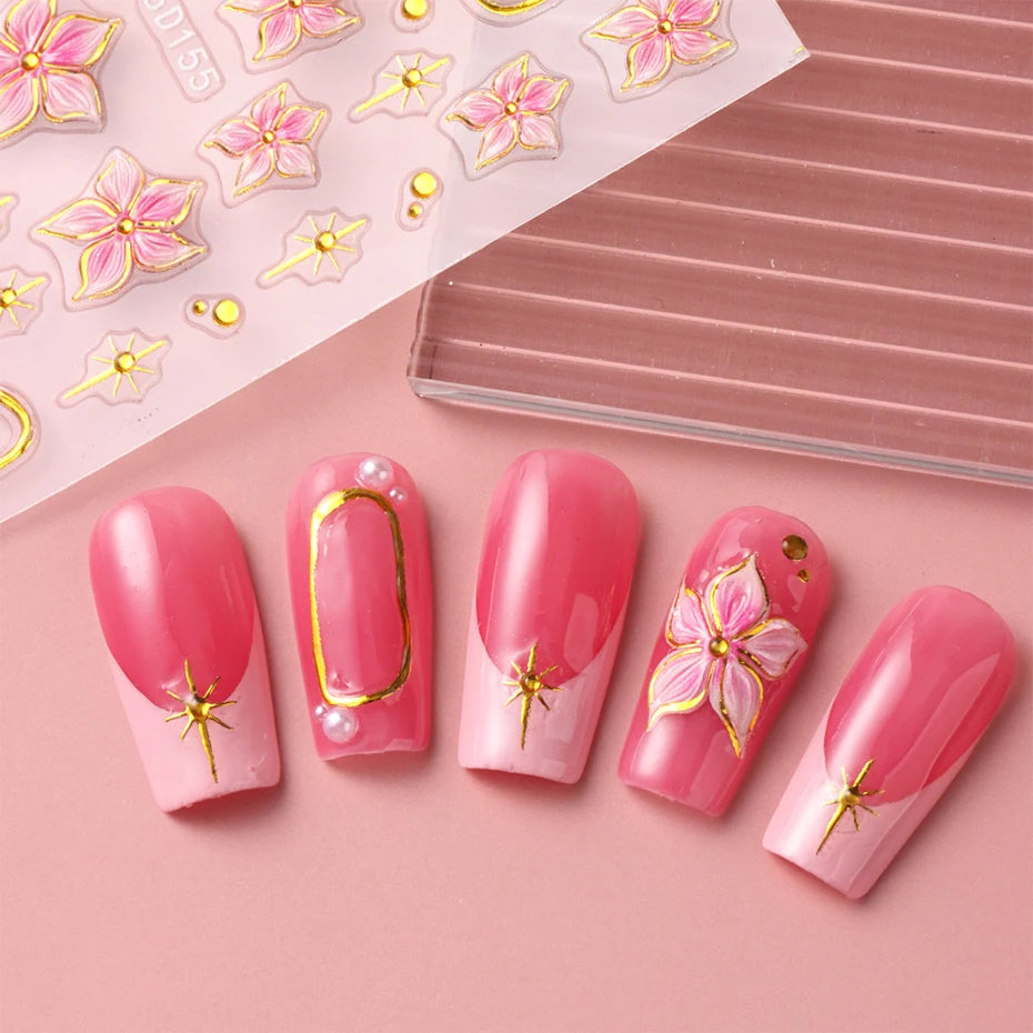 2pcs Embossed Hibiscus Flower Nail Art Sticker Pink Flower With Golden Metal Ring Charm Self-Adhesive Decals Manicure Decoration