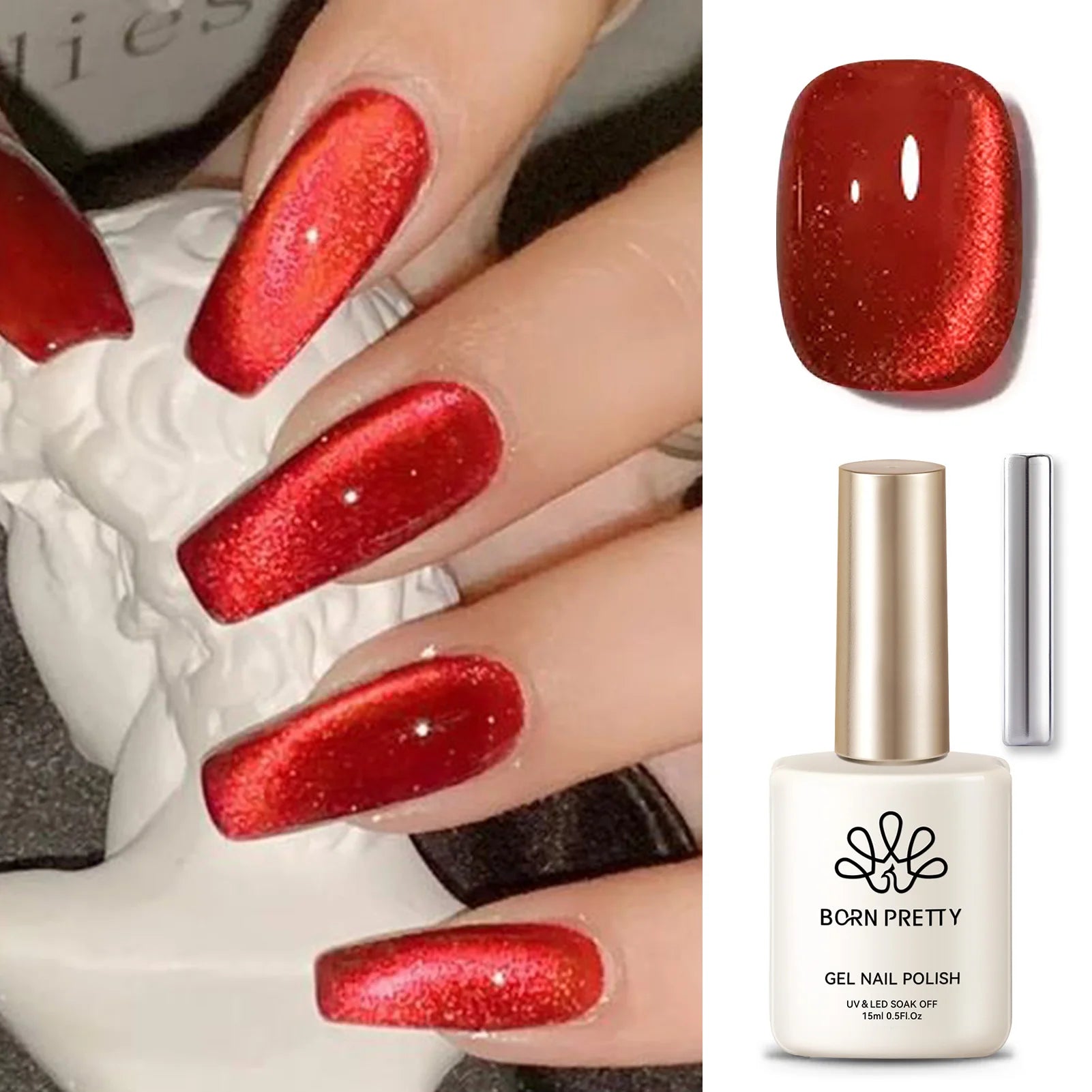 BORN PRETTY 15ml Red Cat Magnetic Gel Nail Polish Gold Glitter Shine Soak Off UV Gel Nail Art Varnish NailSupplies