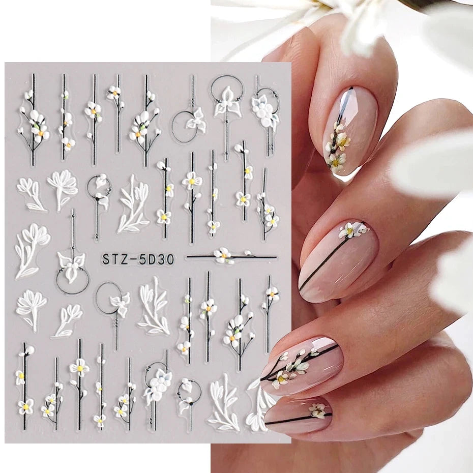 5D Simple Flowers Nail Embossed Stickers Elegant Wedding Design Adhesive Sliders Floral Textured Engraved Decoration Supplies