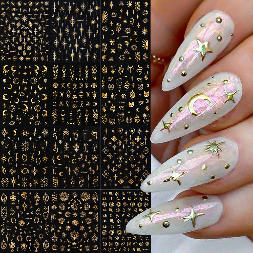 12Pcs 3D Laser Gold Silver Sun Star Moon Nail Stickers Y2K Snake/Starlight/Heart Adhesive Decals DIY Bronzing Nail Sliders