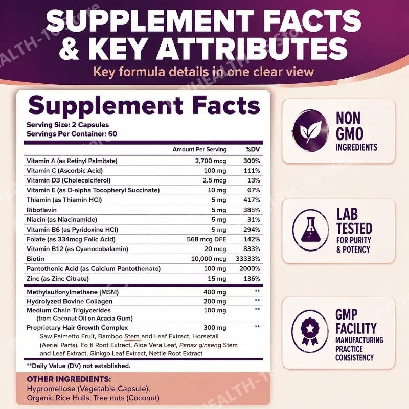Hair Skin Nails Wellness Capsules Biotin 10000mcg Collagen MSM Herbal Blend Vitamin Blend Daily Support Women Men 120 Capsules