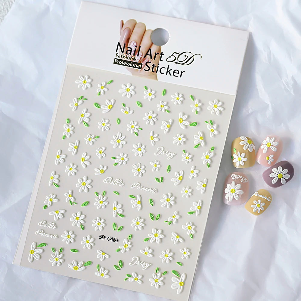 5D Pink Blue Floral Nail Art Stickers Petals Leaf Plant Embossed Nail Decals Spring Summer Flower Design for DIY Nail Supplies