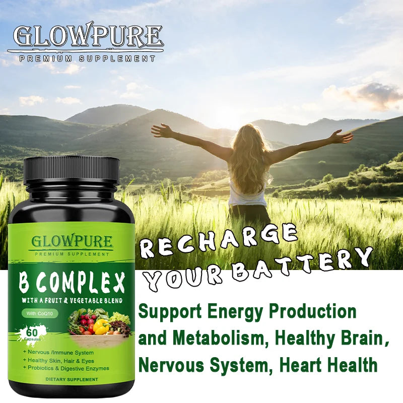 B Complex Vitamins for Nervous System & Energy - Supports Immunity, Heart Health, Hair, Skin & Nails