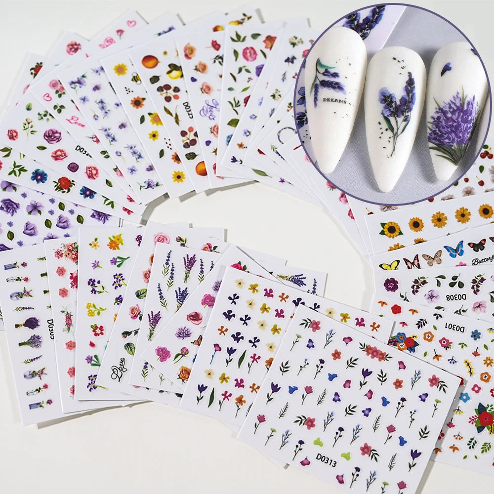 30Pcs/set Colorful Butterfly/Flowers Nail Stickers Kawaii Cute Mini Rose/Lavender/Sunflower Nail Decal DIY Adhesive Nail Floret