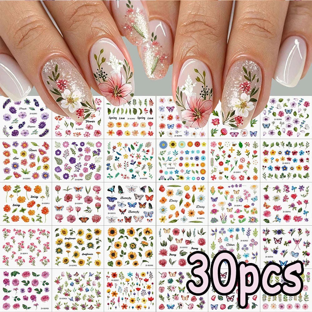 30PCS Spring Butterfly Floral Nail Art Stickers 3D Cute Sunflower Rose Cherry Blossom Adhesive Nail Decals Summer  Nail Sliders