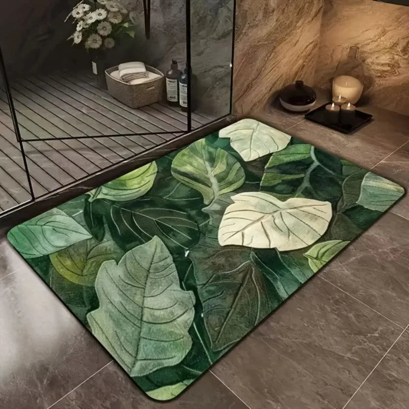 VIKAMA Tropical Green Plant Leaves Bathroom Floor Mat Anti slip Water absorbing Carpet Bathroom Shower Room Decoration
