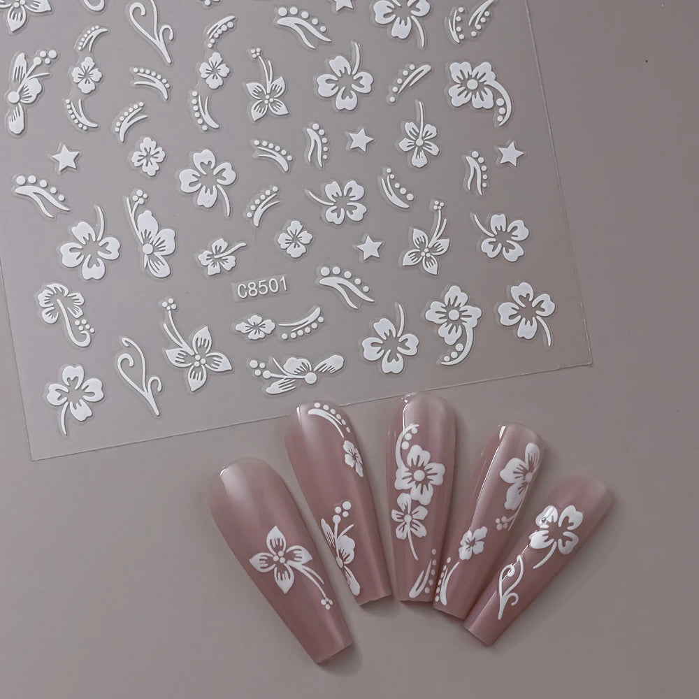 2pcs 3D Hibiscus Flower Nail Stickers 3D Self-Adhesive White Pink Flower Nail Decals Tropical Leaves Summer Nail Art Decoration