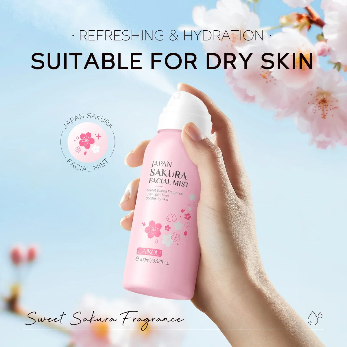 LAIKOU Sakura Facial Mist 100ml Hydrating Spray Moisturizing Brightening Toner Oil Control Shrink Pores Skin Care