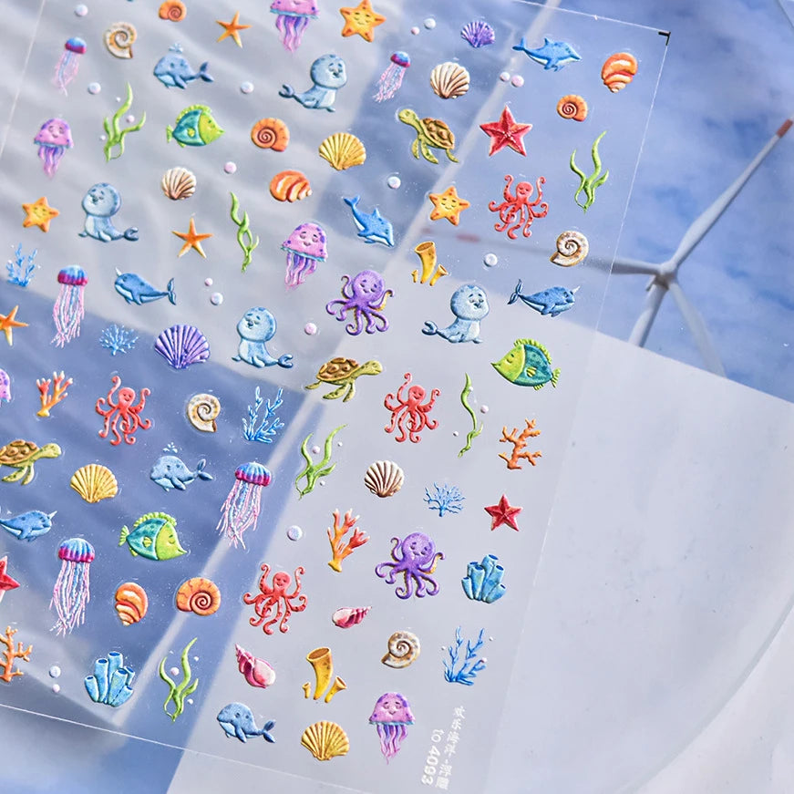 1 piece of 5D marine life nail stickers coral dolphin jellyfish shell conch starfish sea soft relief decorative nail art sticker