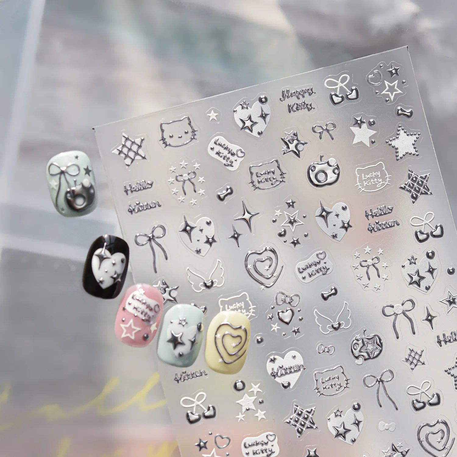 1pc 5D Metallic Silver Nail Stickers Stars Bow Love Heart Back Adhesive Nail Art Sticker DIY Cute Nails Decorations Decals Parts