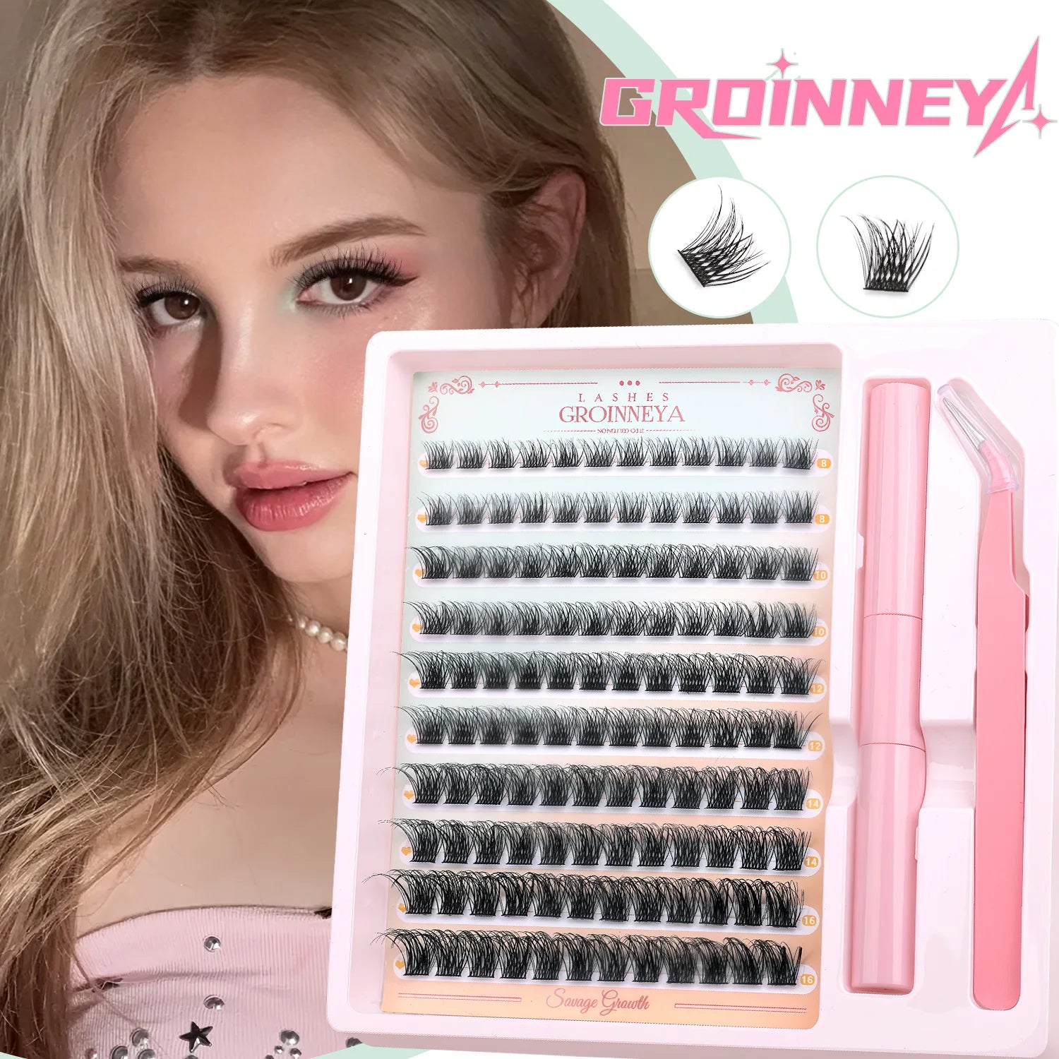 GROINNEYA Fluffy Lash Clusters Kit With Waterproof Strong Hold DIY Lash Extension Kit Lash Bond & Seal & Eyelash Tweezers Makeup