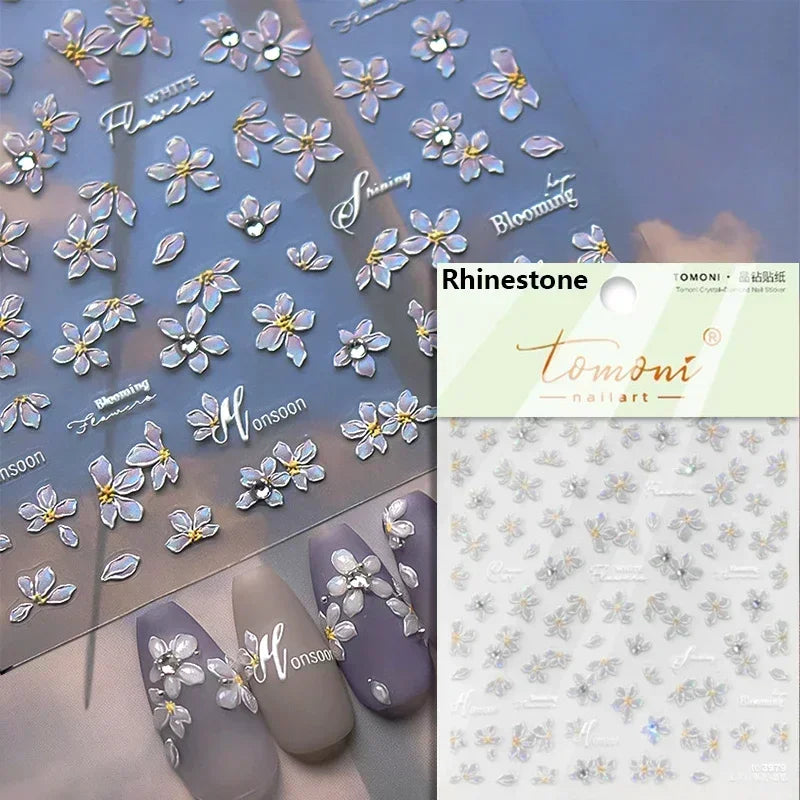 1 pc 5D sunflower nail stickers rose daisy cherry blossom self-adhesive nail art stickers oil painting style decorative sticker