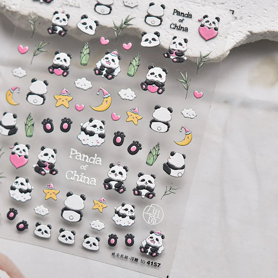 1pcs 5D Embossed Chinese Bamboo Panda Design Nail Art Kawaii Stickers Self-adhesive Transfer Nail Decorations Slider Decals DIY