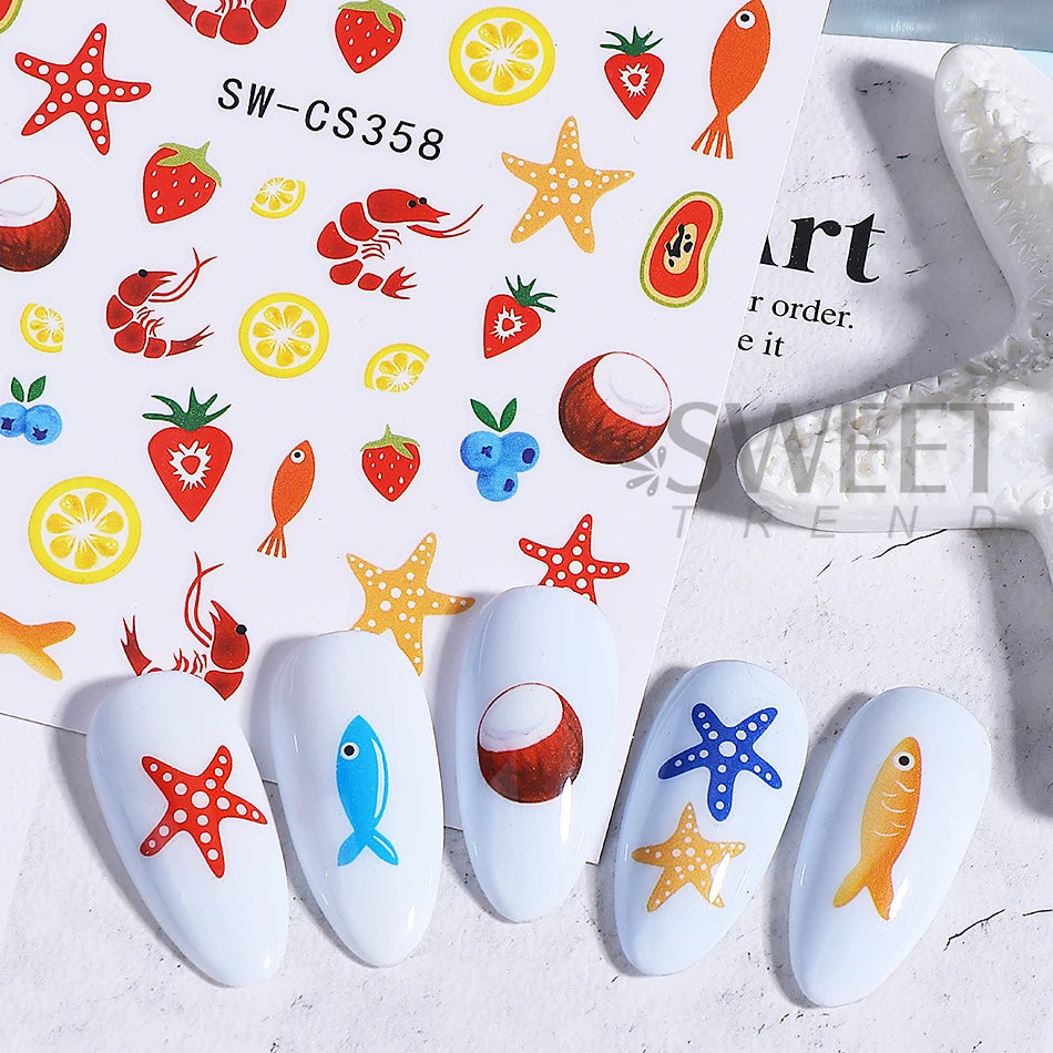 2pcs Mini Fish Nail Stickers Summer Ocean Fish Starfish Lobster Lemon Fruit Self-Adhesive Nail Decals DIY Manicure Decoration