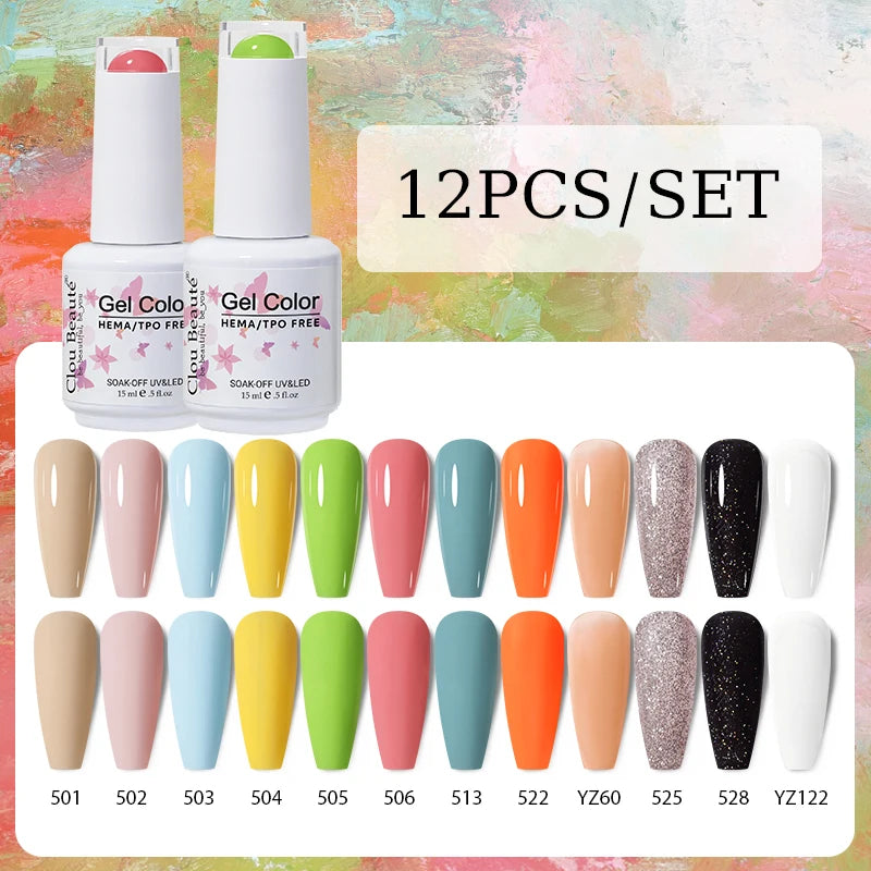 Clou Beaute 12pcs Gel Nail Polish Manicure Set Color 15ml White Glass Bottle Nail Art Kit Vernis Semi Permanent Nail Art Varnish