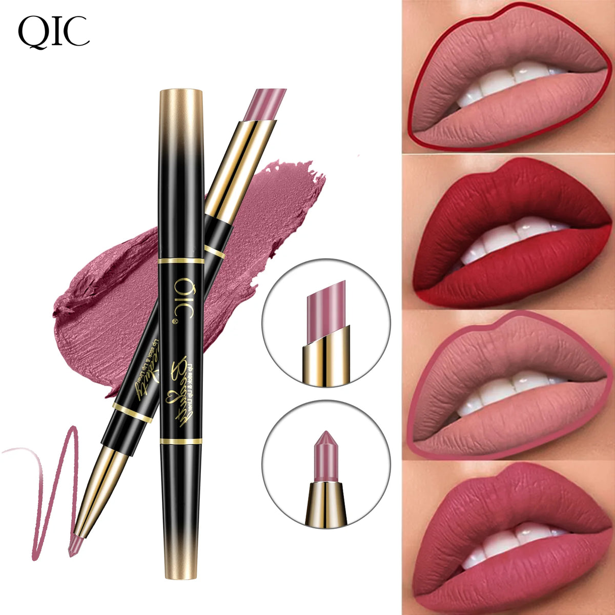 QIC Lipstick Lipliner Pen Matte Velvet Lip Liner Pencil Contour Makeup Sexy Red Lip Stick Long Lasting Cosmetics