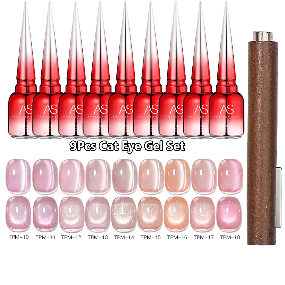 AS 9pcs Cat Eye Magnetic Moonlight Gel Nail Polish Set 15ml Sparkle White Silver Water Light Red UV Gel Nail Art Manicure Vernis