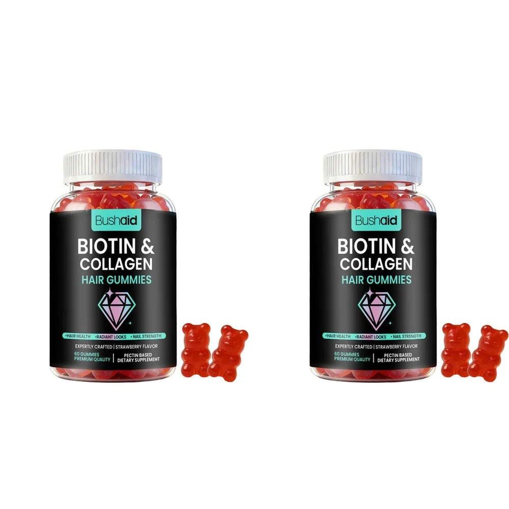 Bushaid Biotin Collagen Hair Gummies Strawberry Flavor Biotin 600mcg MSM Vitamins A D B6 B12 Non-GMO Vegan Gluten Free 60 Count