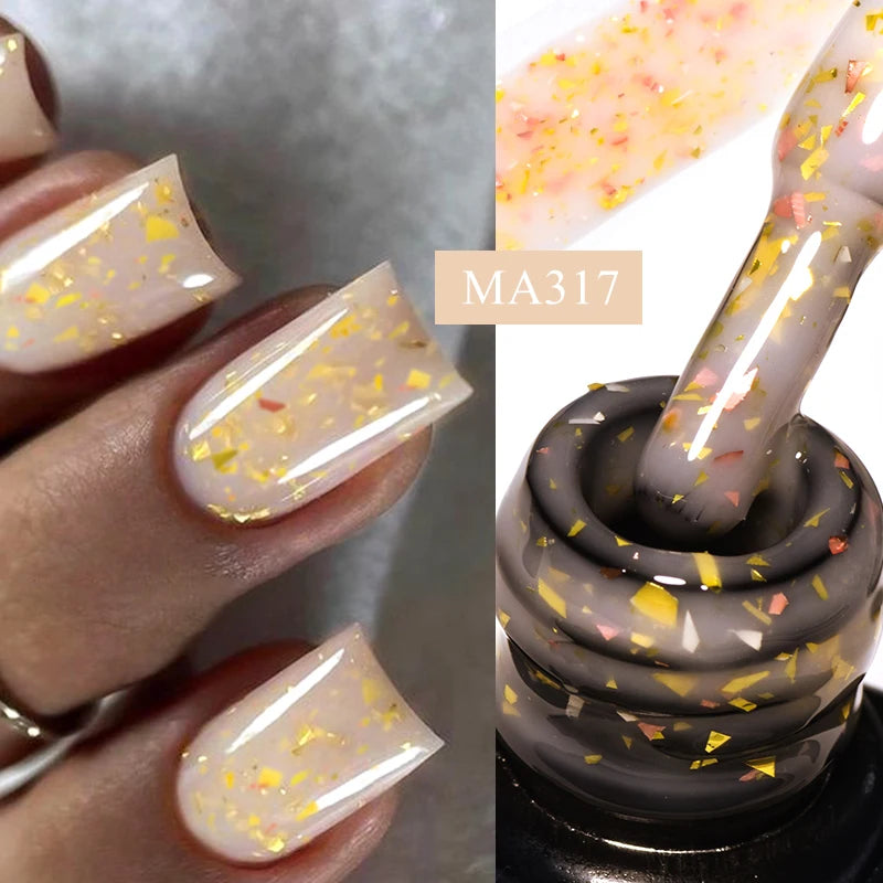 MEET ACROSS 7ml Pink Glitter Rubber Base Nail Gel Polish Sparkling Gold Foil DIY Nail Art Painting Gel Long Lasting Varnish