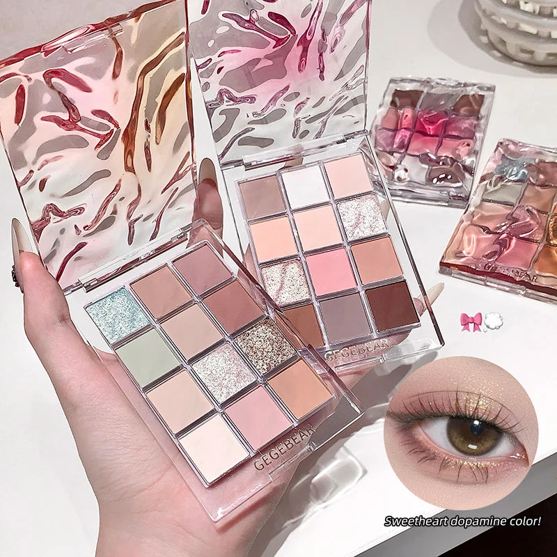 Gege Bear 12-Color Eye Shadow Palette (Shimmer, Matte, Fine Shimmer) - Delicate, Natural Eye Shadow Palette for Makeup Stages
