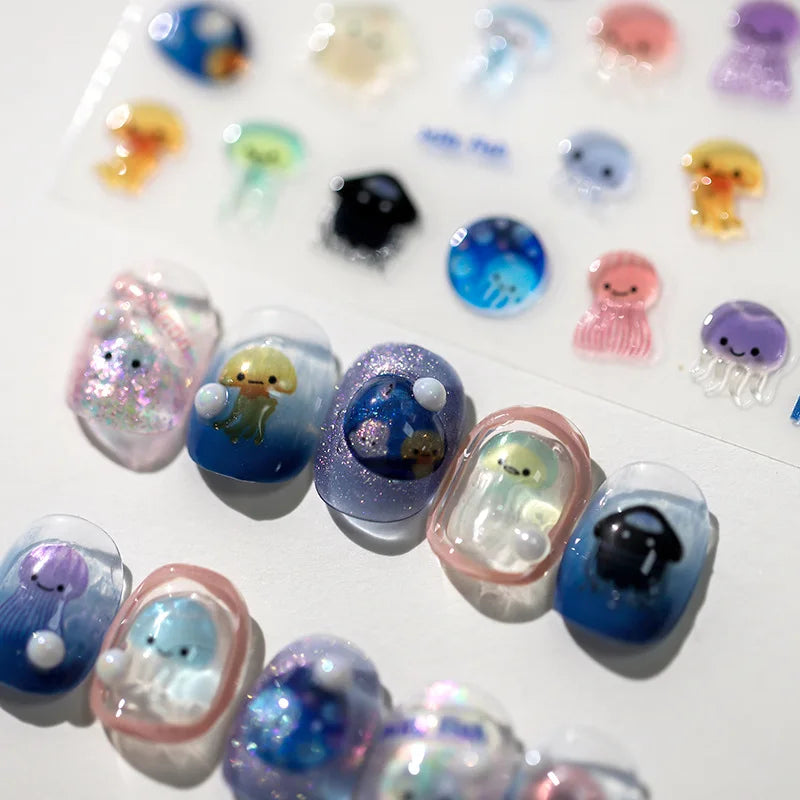 1pcs 5D Kawaii Jelly Fish Nail Art Stickers Blue Jellyfish Adhesive Nail Art Decorations Stickers 3D Manicure Decals Accessories