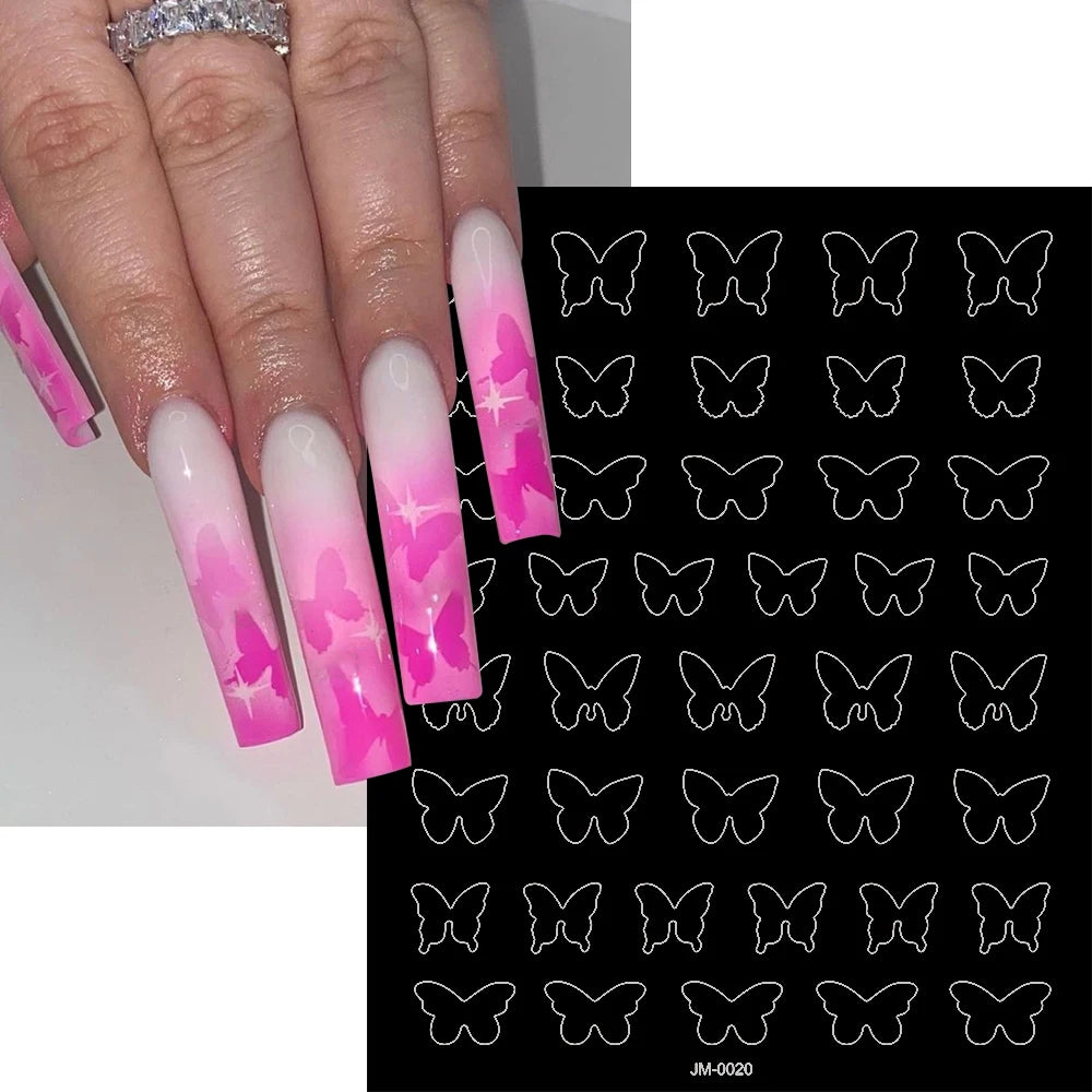 24 Patterns Airbrush Stencils Nail Art Stickers Hollow Butterfly/Flower/Bow/French Line Printing Templates Nail Decal DIY Tools