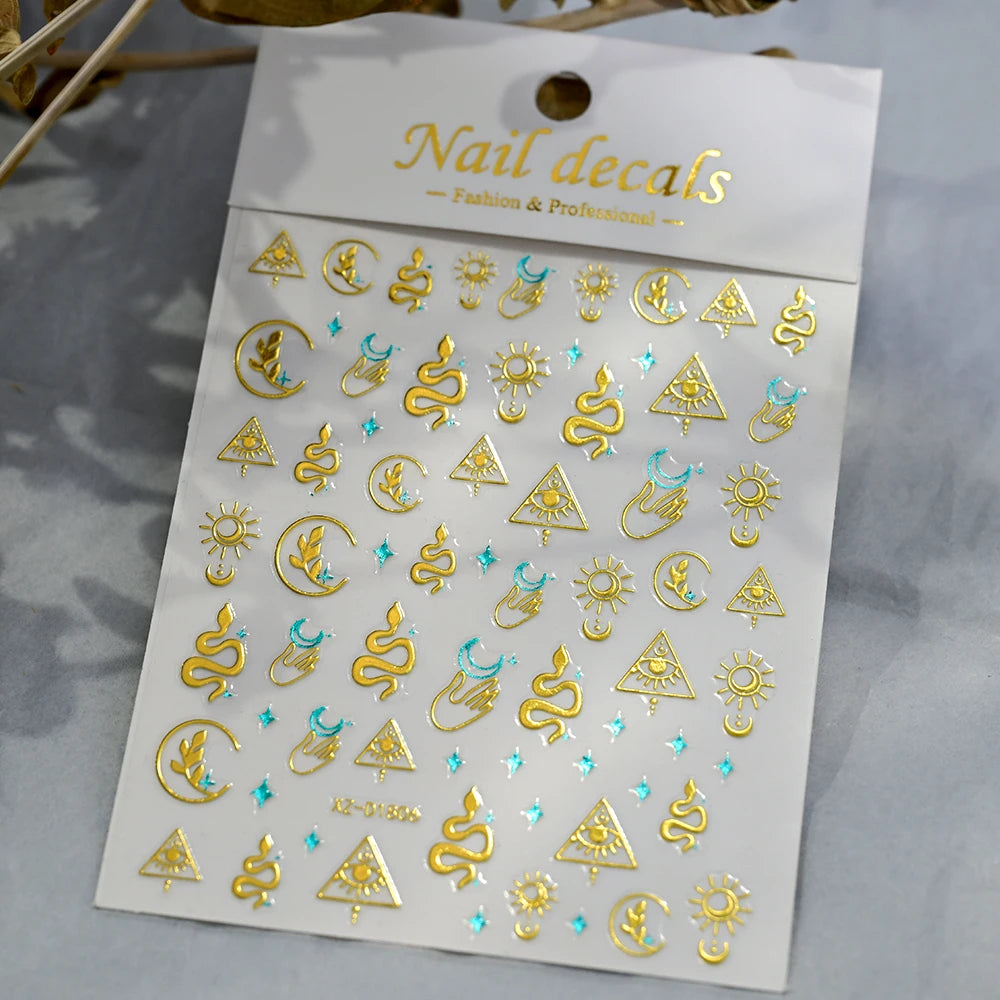 5D Gold Snake Star Moon Nail Art Stickers Lake Blue Gem Love Heart Nail Decal Y2 Holographic Metal Evil Eye Bohemian Nail Slider