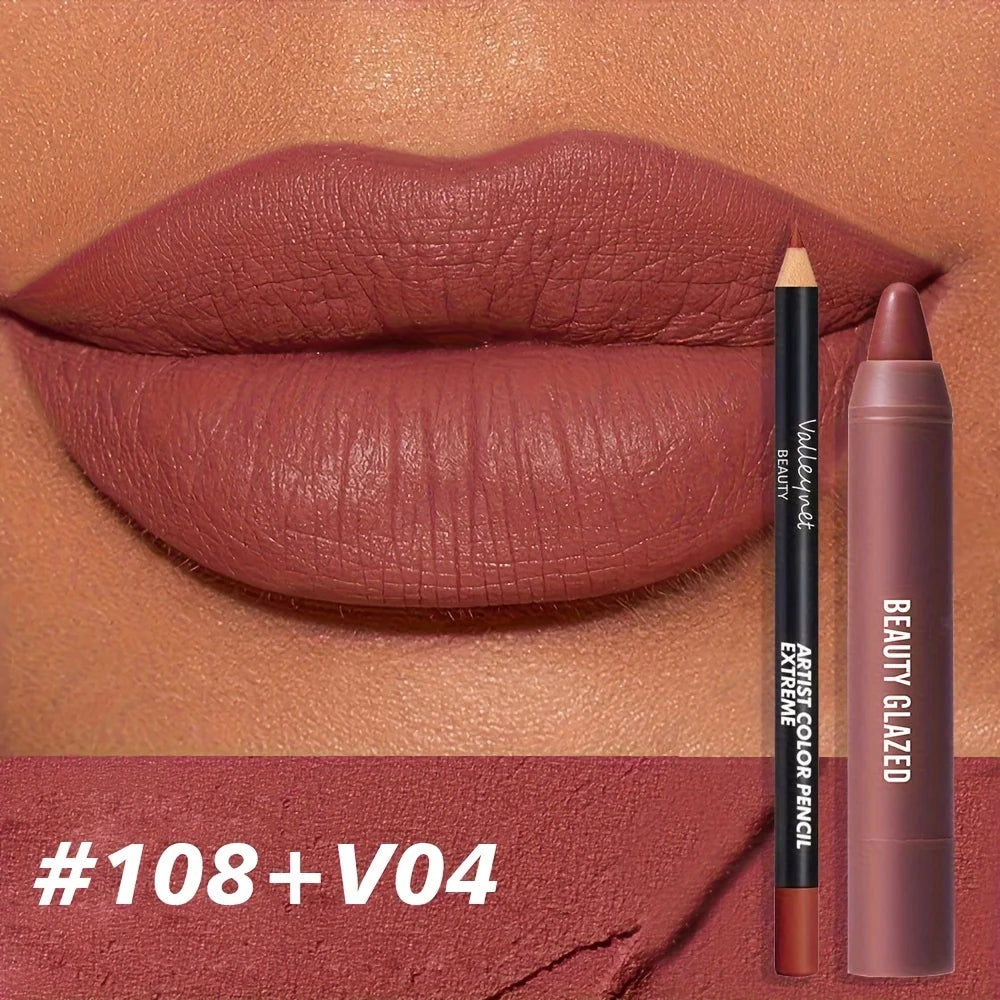 2pcs Matte Lip Liner & Gloss Set - Long-Lasting Waterproof, Non-Stick Formula with Precision Tip, Matte Lip Pencil & Gloss Combo