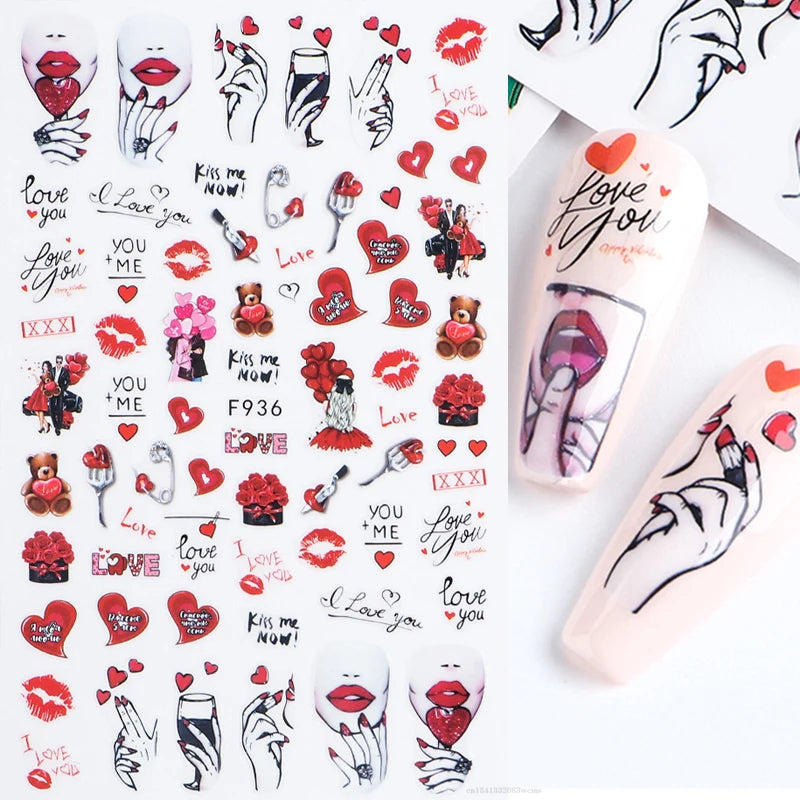 1PCS Black White Love Nail Stickers Letter Nail Design Flower Print Supplies Nail Art Decals Suitable For Women's Manicure