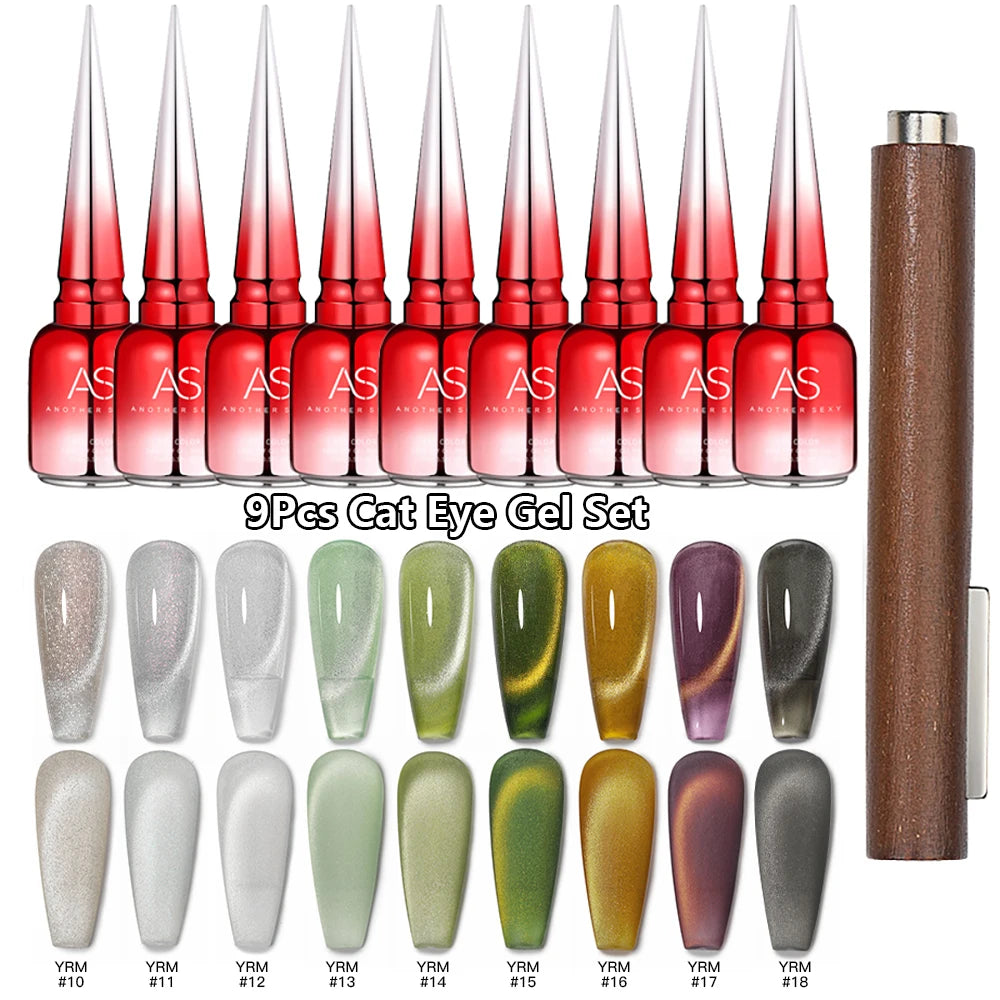 AS 9pcs Cat Eye Magnetic Moonlight Gel Nail Polish Set 15ml Sparkle White Silver Water Light Red UV Gel Nail Art Manicure Vernis