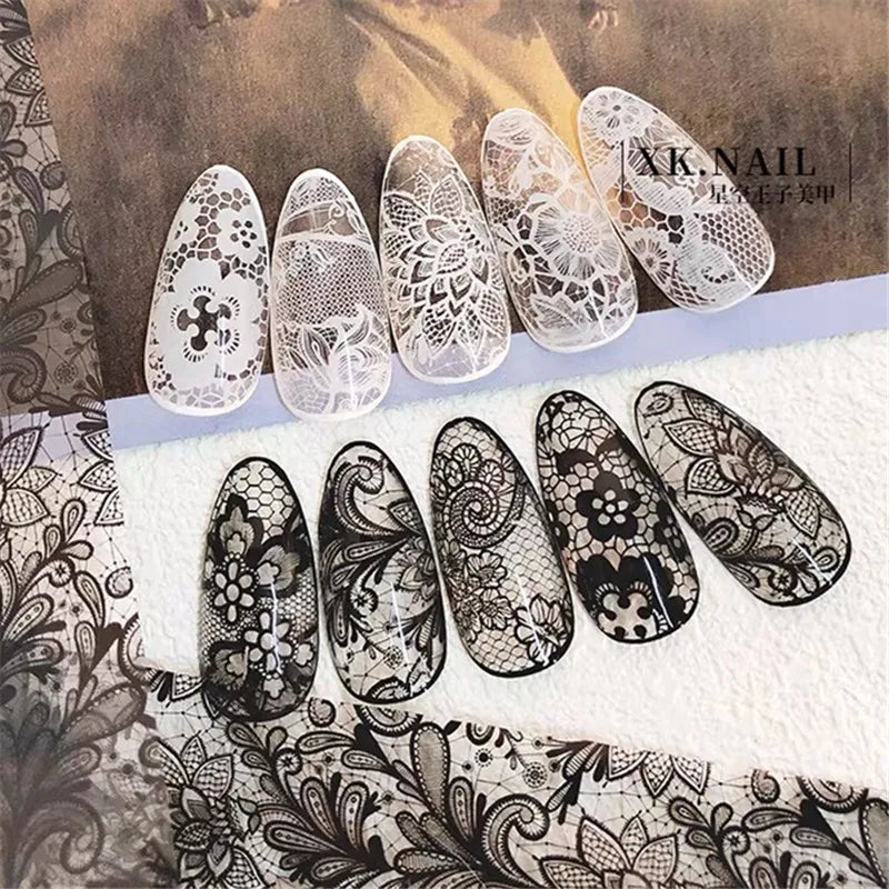 Black  White Lace Rose Nails Foil Stickers Black  Flowers Design Manicure Nail Art Transfer Paper Nails Art Decals