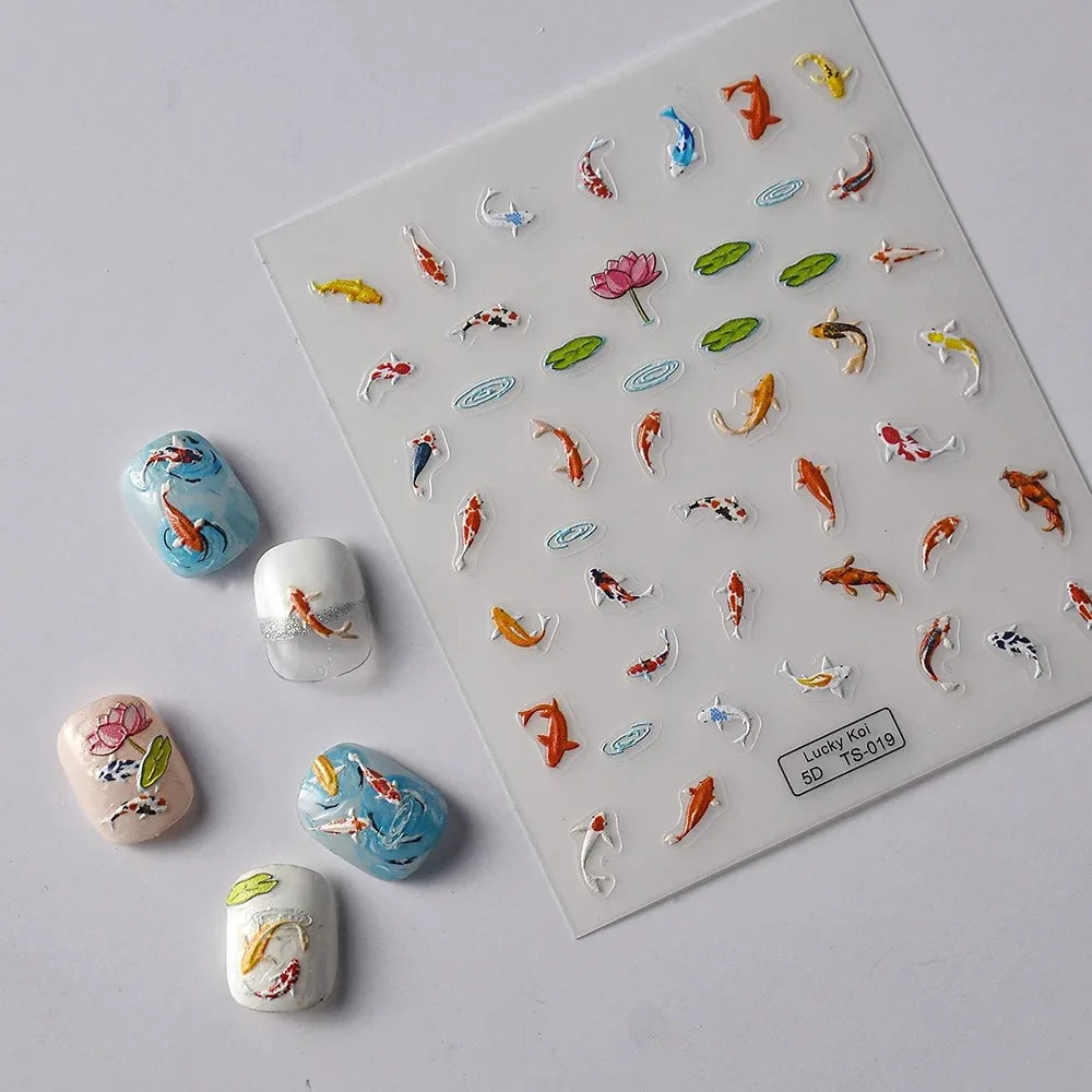5D Koi Carp Nail Sticker Green Lotus Kawaii Red Carp Nail Slider for Manicure Relief DIY Acrylic Nails Fish Accessories Decal