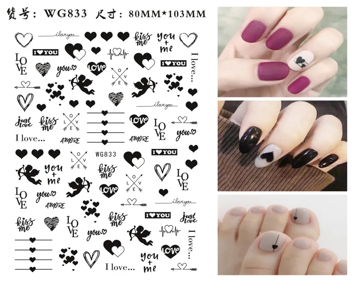1PCS Black White Love Nail Stickers Letter Nail Design Flower Print Supplies Nail Art Decals Suitable For Women's Manicure