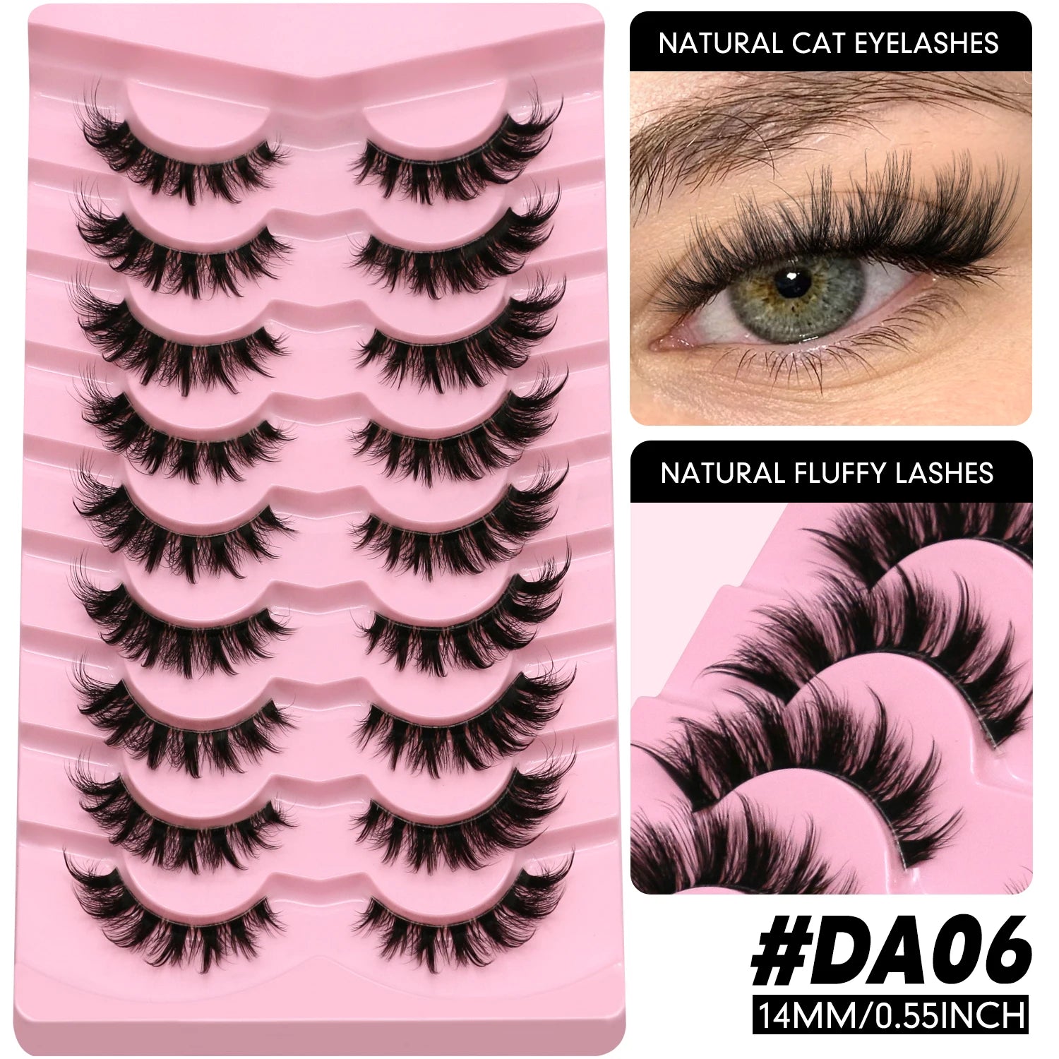 LASVIREY Fluffy Cat Eye Lashes Natural Mink Lashes Clear Band Natural Fluffy D Curl  Lashes Extension Full Strip False Eyelashes