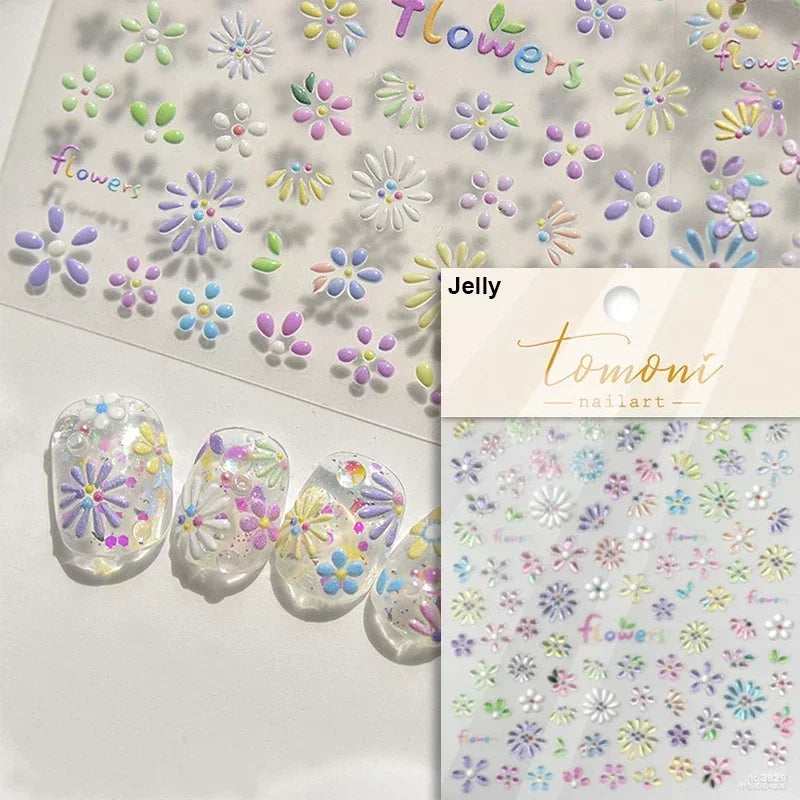 1 pc 5D sunflower nail stickers rose daisy cherry blossom self-adhesive nail art stickers oil painting style decorative sticker