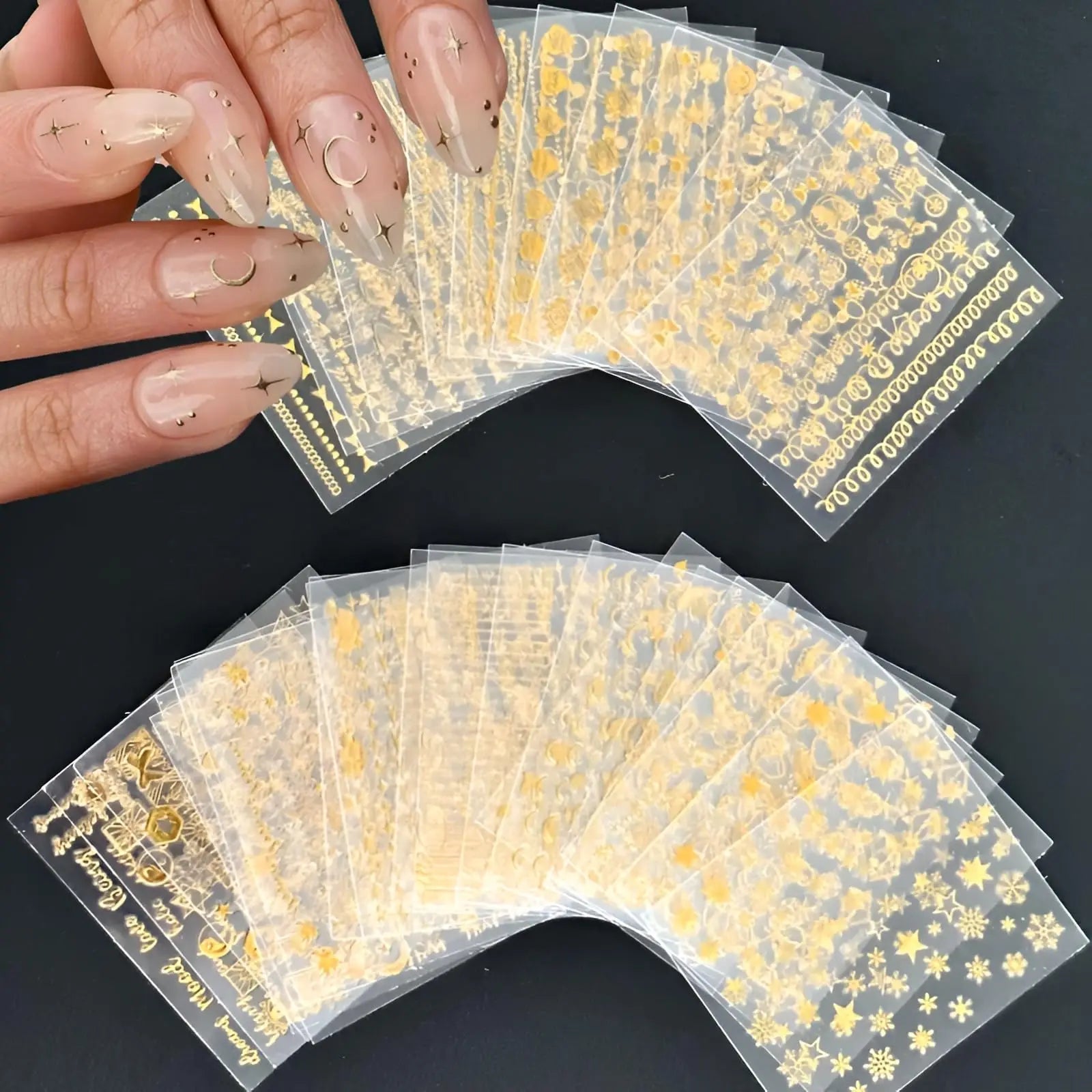 30 Sheets Gold Nail Art Stickers 3D Self-Adhesive Nail Decals Gold Line Star Nail Stickers for Acrylic Nails Gold Leaf