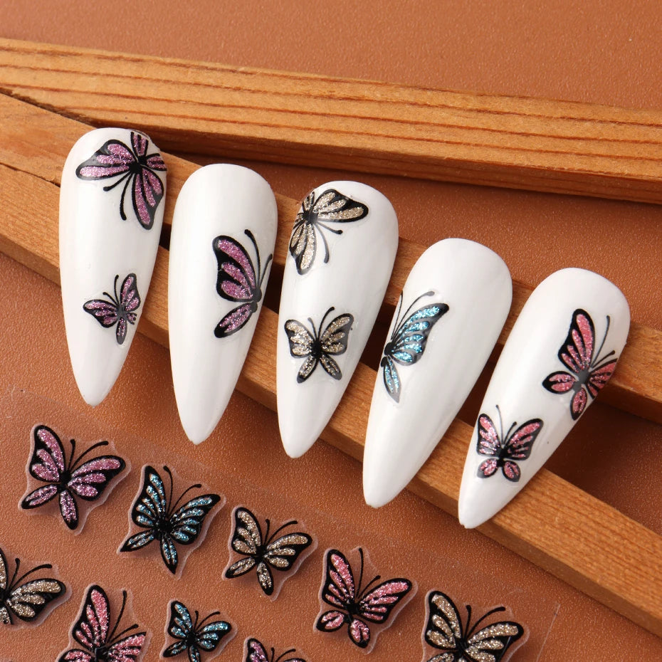 Glitter Butterfly Nail Stickers Decals Charm 3D Shiny Blue Pink Design Self Adhesive Sliders Nail Art Foils Manicure Decorations