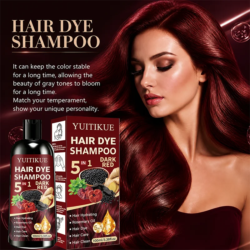 YUITIKUE 5 In 1 Hair Dye Shampoo Dark Red 100ml, Hydrating Rosemary Formula, Quick Color Shampoo For Gray White Hair