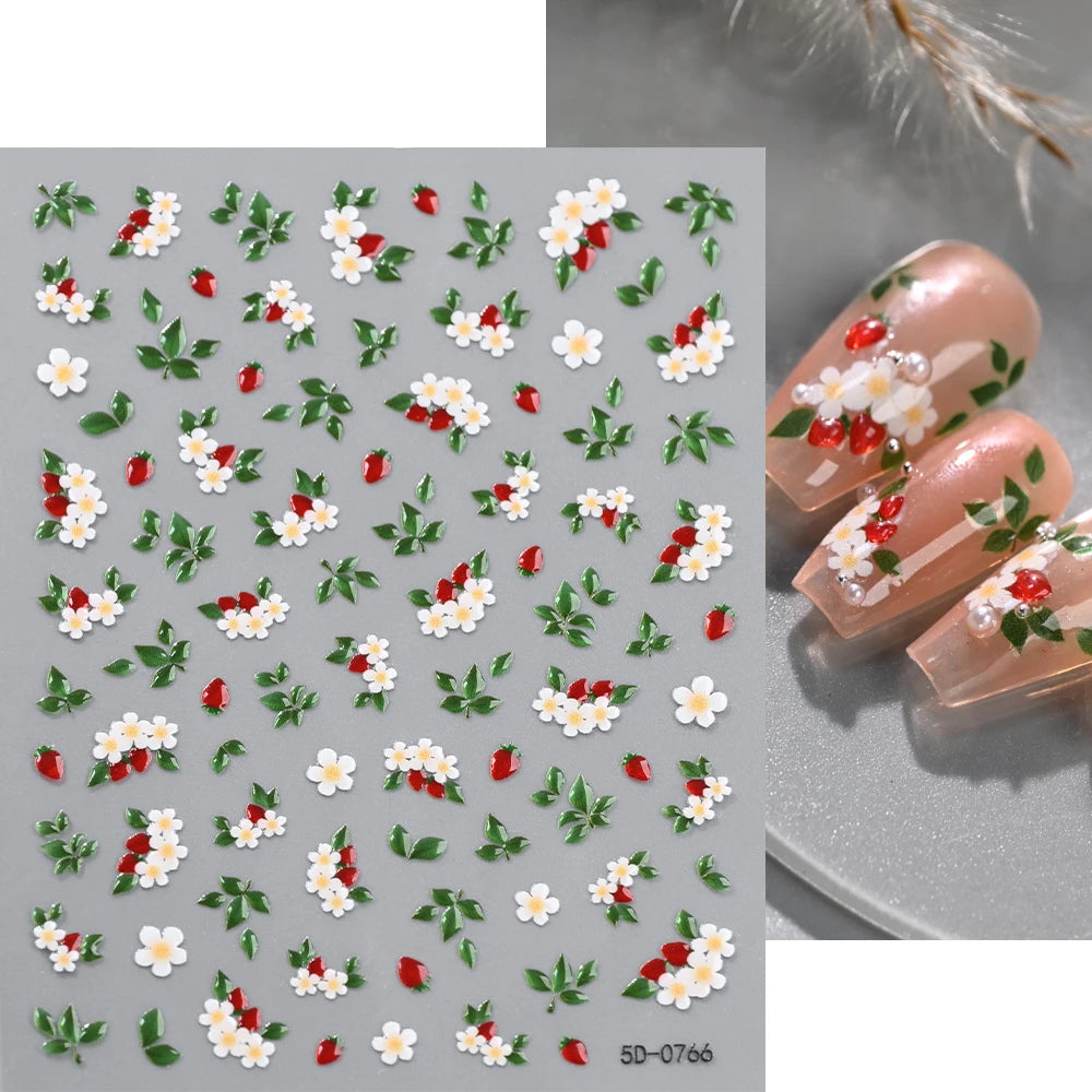 5D Pink Blue Floral Nail Art Stickers Petals Leaf Plant Embossed Nail Decals Spring Summer Flower Design for DIY Nail Supplies