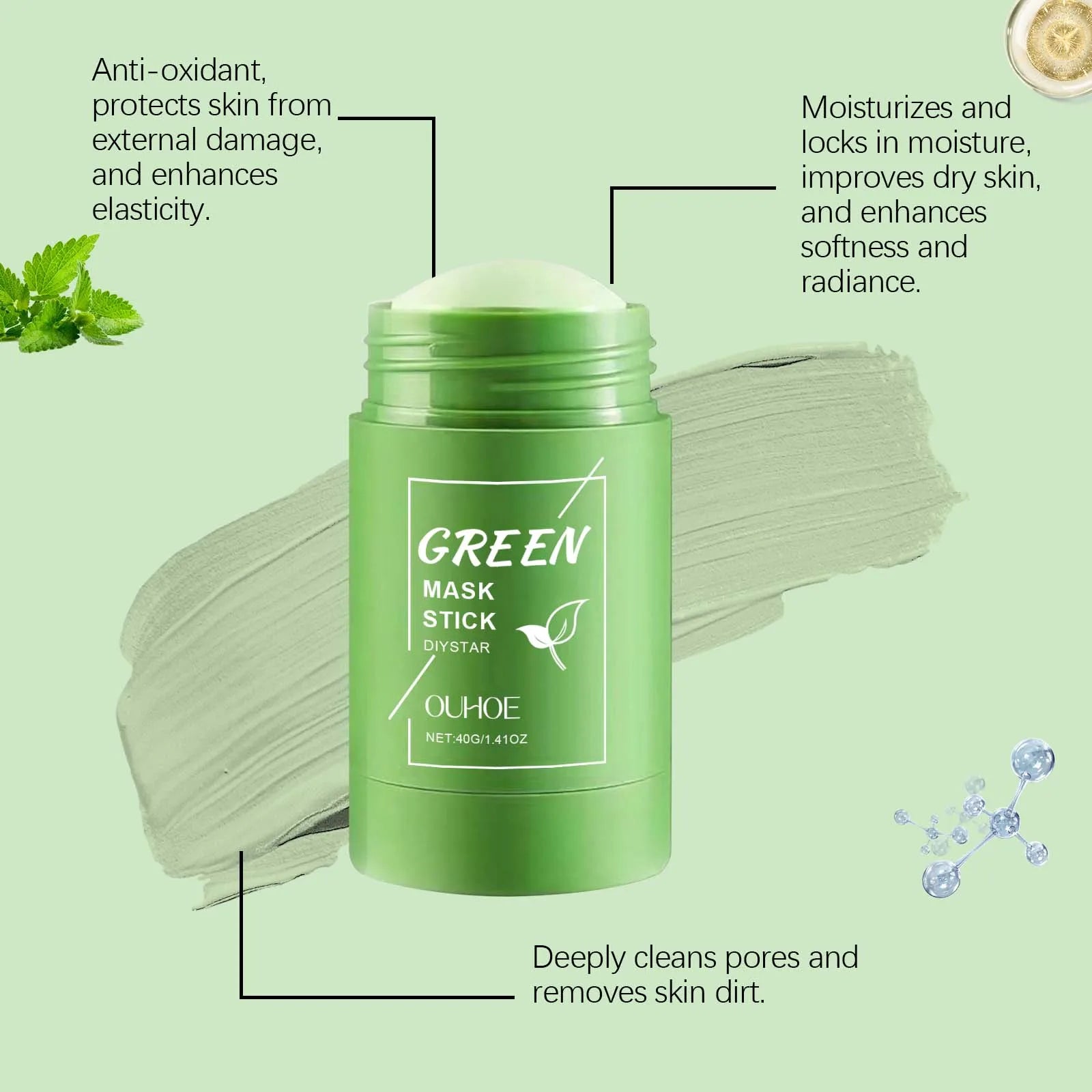 1~5PCS Green Tea Clay Stick For Face Green Mask Stick Smear Acne Shrink Blackhead Green Tea Extract Facial Mask Pore Cleansing