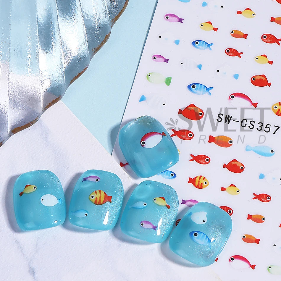 2pcs Mini Fish Nail Stickers Summer Ocean Fish Starfish Lobster Lemon Fruit Self-Adhesive Nail Decals DIY Manicure Decoration