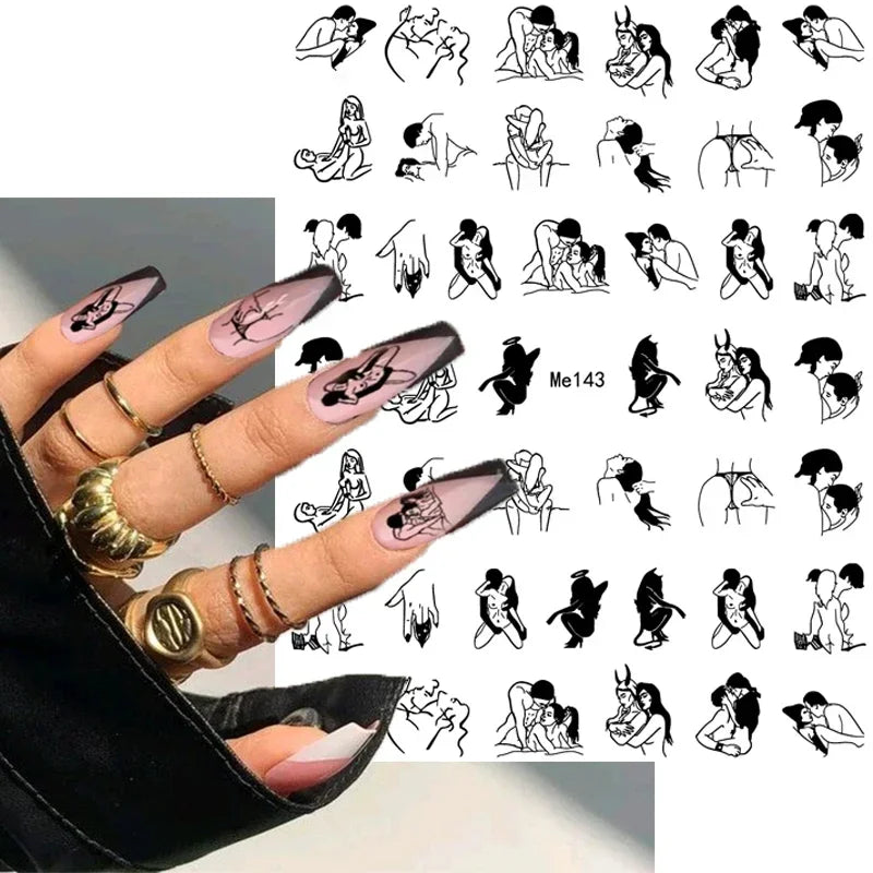 1PCS Black White Love Nail Stickers Letter Nail Design Flower Print Supplies Nail Art Decals Suitable For Women's Manicure