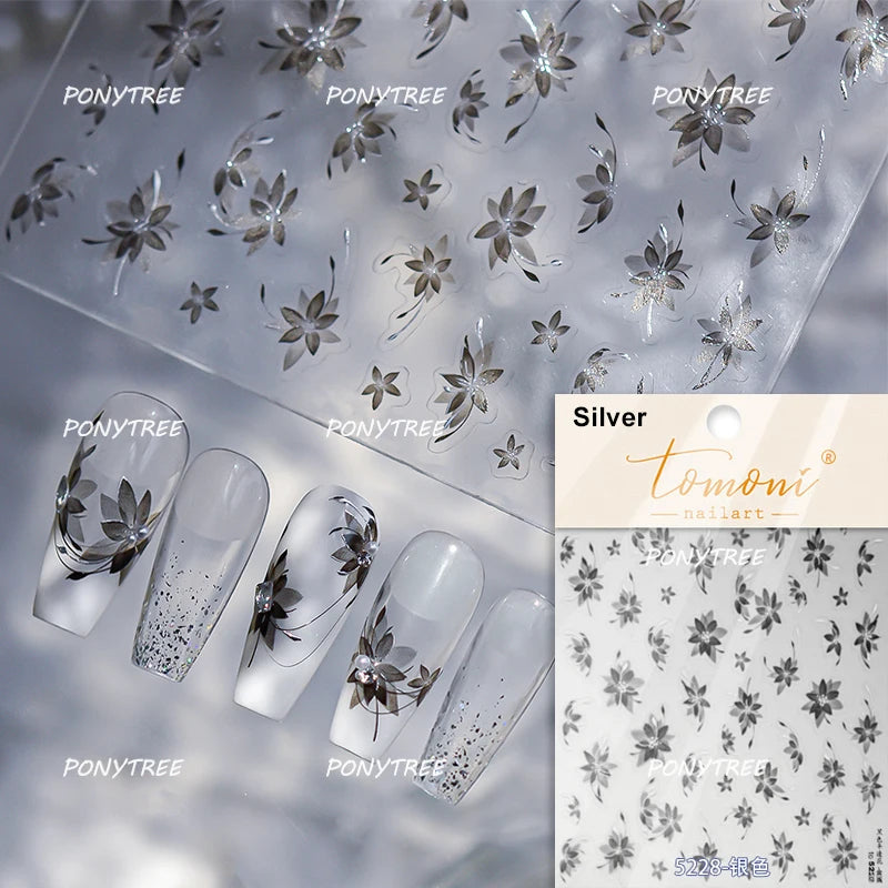 Elegant Pink Purple Flower Rose Colourful Gentle Petal Peach Blossom Metal Shiny Self Nail Art Sticker Decoration Manicure Decal