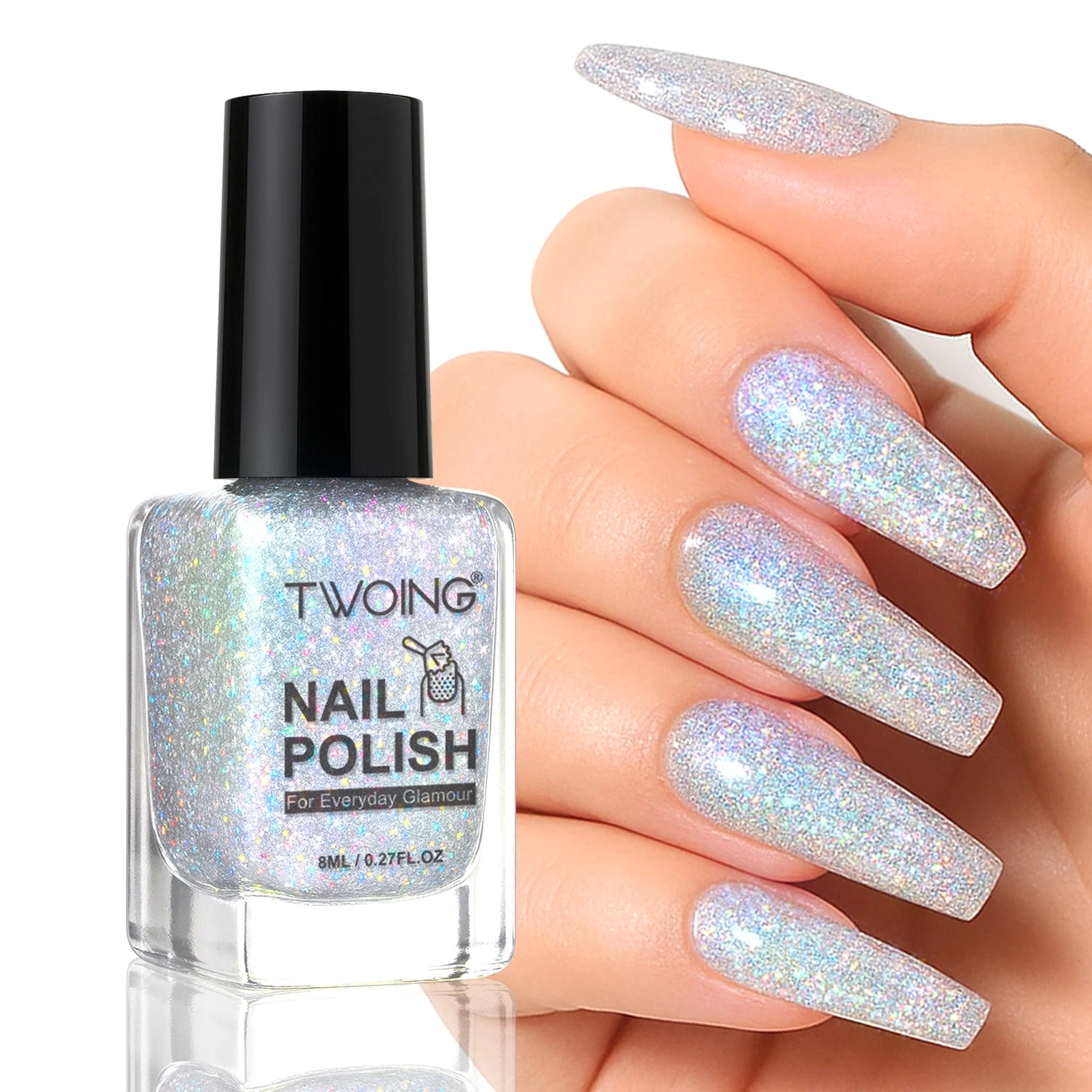 8ml Holographic Nail Polish,Silver Glitter Nail Polish Air Dry Fast,High Glossy Shiny Nail Pigment  ，Laser Iridescent Nail