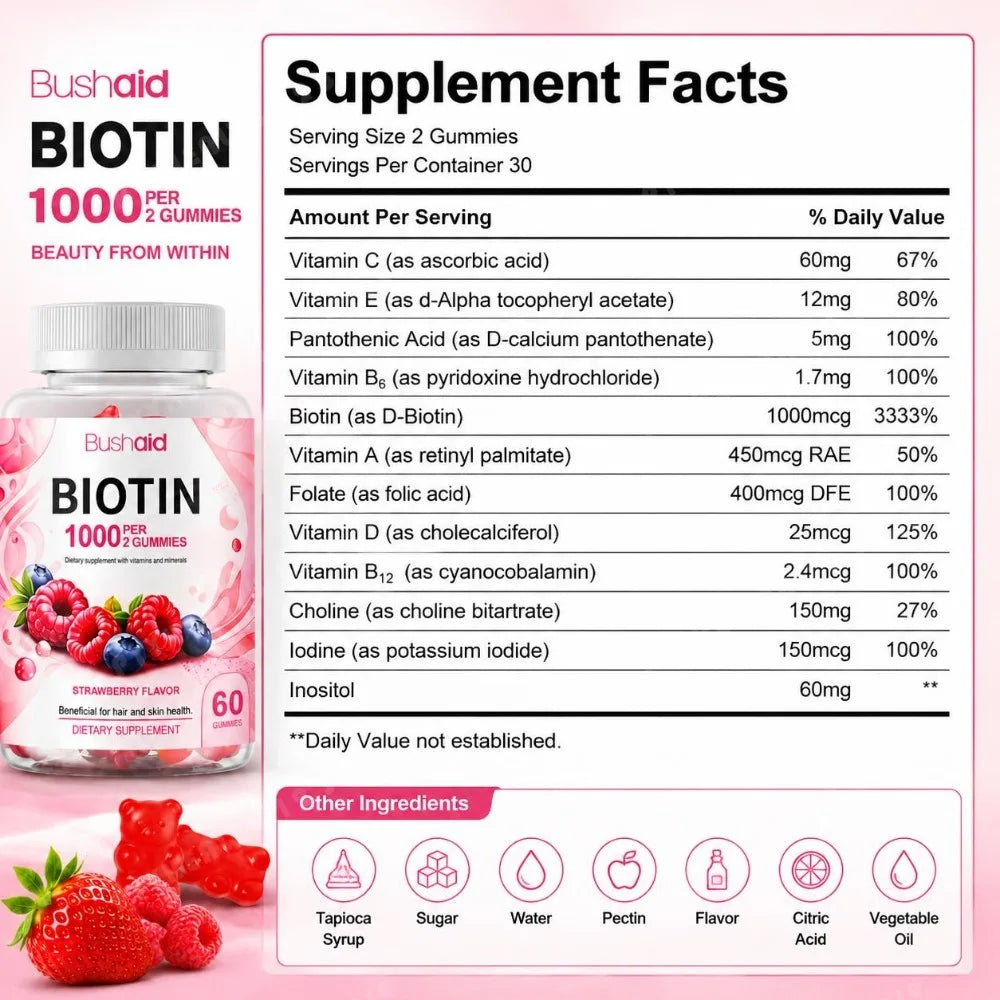 Bushaid Biotin Gummies 1000mcg Hair Skin Nails Vitamins A C D E B6 B12 Folate Strawberry Non-GMO Vegan Gluten Free 60 Count