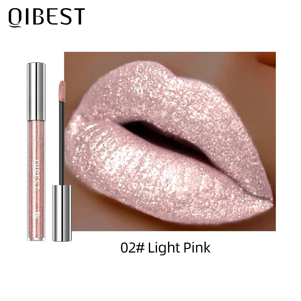 QIBEST Glitter Diamond Liquid Lipstick Waterproof Long Lasting Pearl Shiny Lip Gloss Metal Charming Women Lip Makeup 6 Colors